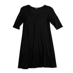 Eileen Fisher Black A-Line Long Tunic Top 100% Silk Short Sleeve